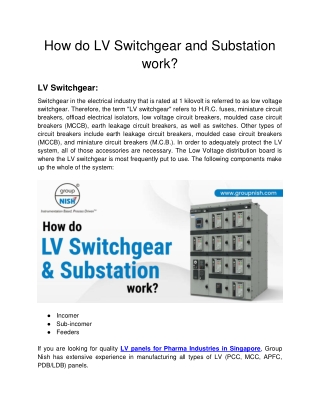 How do LV Switchgear and Substation work