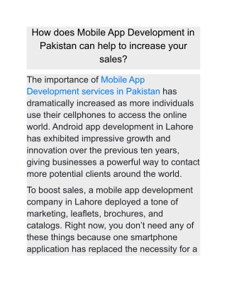 How does Mobile App Development in Pakistan can help to increase your sales