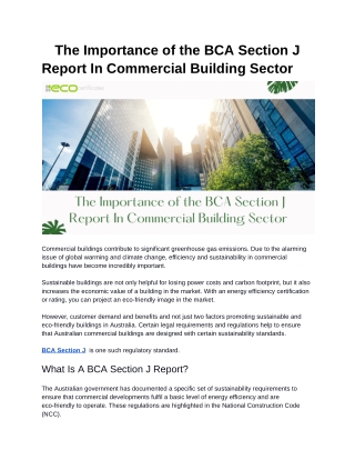 The Importance of the BCA Section J Report In Commercial Building Sector