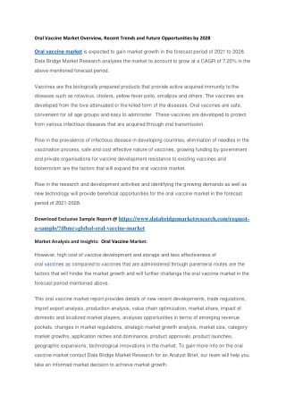 Oral Vaccine Market Overview, Recent Trends and Future Opportunities by 2028
