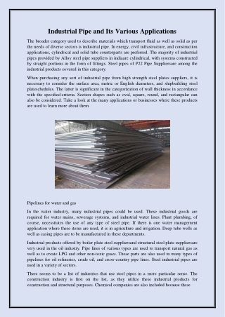 Industrial Pipe and Its Various Applications