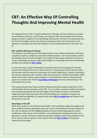 CBT An Effective Way Of Controlling Thoughts And Improving Mental Health