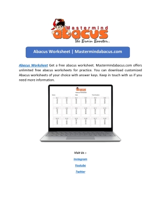 Abacus Worksheet | Mastermindabacus.com