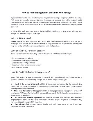 How to Find the Right FHA Broker in New Jersey