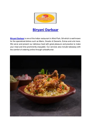 5% off - Biryani Darbaar Menu Athol Park, SA
