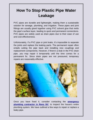 How To Stop Plastic Pipe Water Leakage