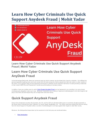 Learn How Cyber Criminals Use Quick Support Anydesk Fraud Mohit Yadav