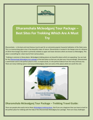 Dharamshala Mcleodganj Tour Package – Best Sites For Trekking Which Are A Must Try
