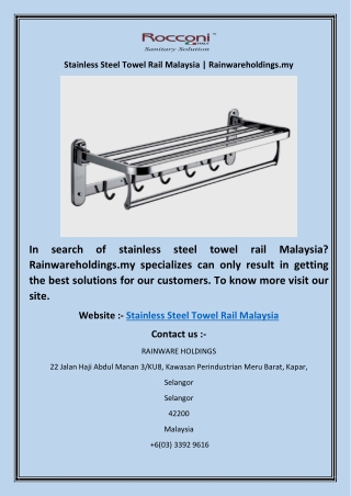 Stainless Steel Towel Rail Malaysia | Rainwareholdings.my