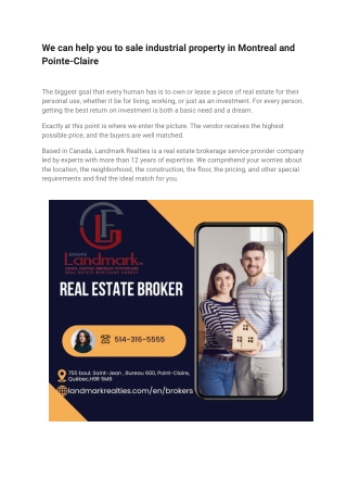 We can help you to sale industrial property in Montreal and Pointe-Claire