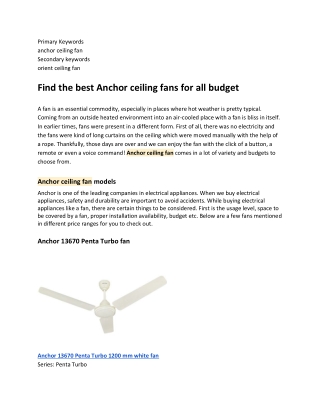 Find the best Anchor ceiling fans for all budget