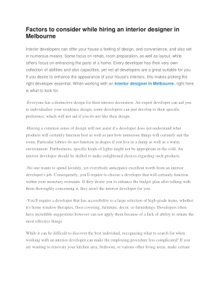 Factors to consider while hiring an interior designer in Melbourne