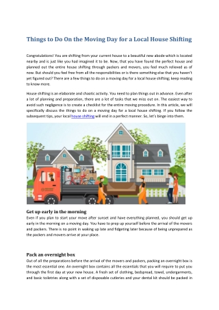Things to Do On the Moving Day for a Local House Shifting