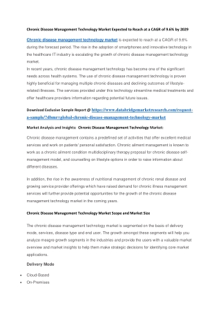 Chronic Disease Management Technology Market Expected to Reach at a CAGR of 9.6 by 2029