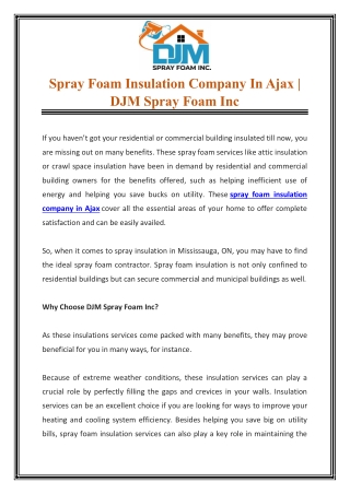 Spray Foam Insulation Company In Ajax | DJM Spray Foam Inc