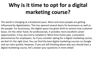 Why is it time to opt for a digital marketing course