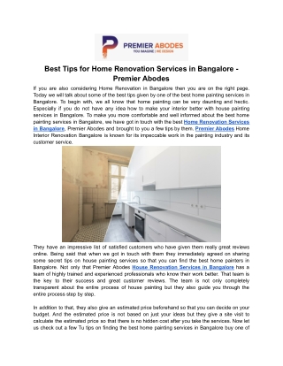 Best Tips for Home Renovation Services in Bangalore - Premier Abodes