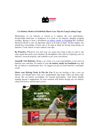Car Battery Dealer in Faridabad Shares Care Tips for Long-Lasting Usage