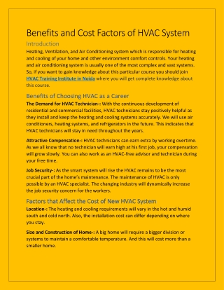 Benefits and Cost Factors of HVAC System