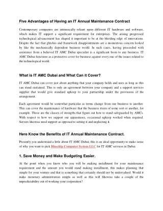 Five Advantages of Having an IT Annual Maintenance Contract