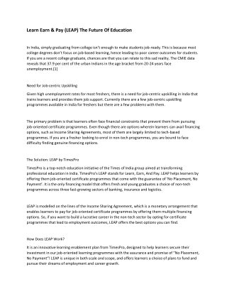 Learn Earn & Pay (LEAP) The Future Of Education