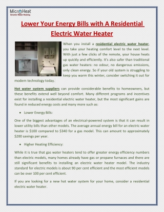 Lower Your Energy Bills with A Residential Electric Water Heater