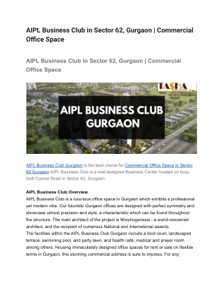 AIPL Business Club in Sector 62, Gurgaon _ Commercial Office Space