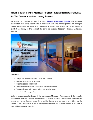 Piramal Mahalaxmi Mumbai - Perfect Residential Apartments At The Dream City For Luxury Seekers