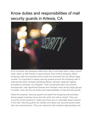 Know duties and responsibilities of mall security guards in Artesia, CA (1)