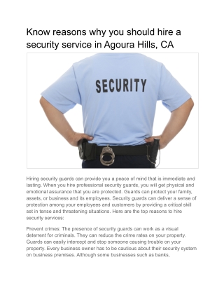 Know reasons why you should hire a security service in Agoura Hills, CA