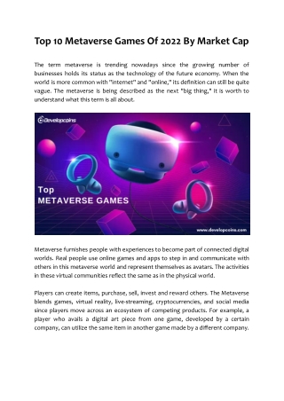 Top 10 Metaverse Games Of 2022 By Market Cap