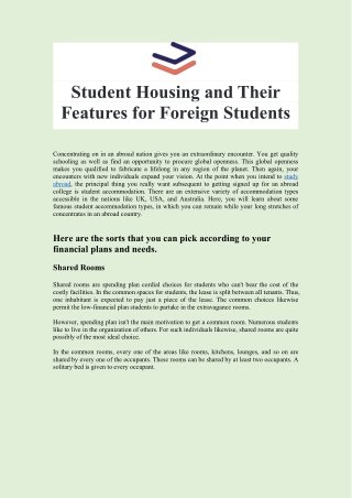 Student Housing and Their Features for Foreign Students