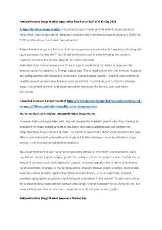 Antiproliferative Drugs Market Expected to Reach at a CAGR of 8.30 by 2029