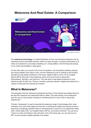 Metaverse and Real Estate : A Comparison