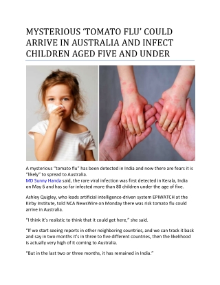 MYSTERIOUS ‘TOMATO FLU’ COULD ARRIVE IN AUSTRALIA AND INFECT CHILDREN AGED FIVE