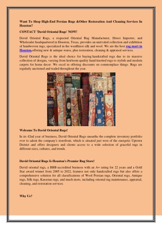 Want To Shop High-End Persian Rugs &Other Restoration And Cleaning Services In Houston