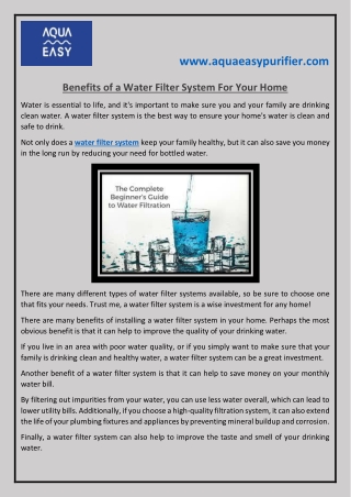 Benefits of a Water Filter System For Your Home