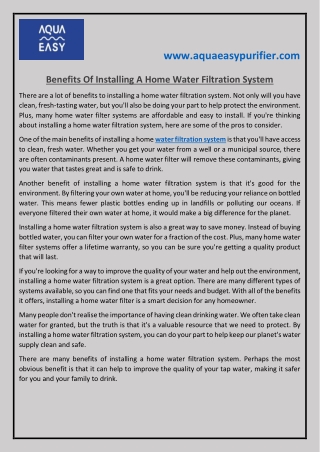 Benefits Of Installing A Home Water Filtration System