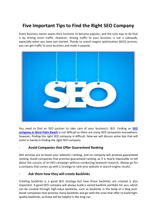 Five Important Tips to Find the Right SEO Company