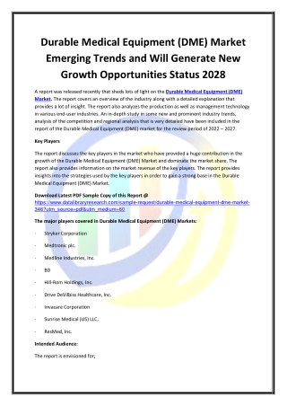 Global Durable Medical Equipment (DME) Market Opportunities and Forecast 2020-20