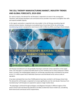 Cell Therapy Manufacturing Market | Industry Analysis- 2021-2030