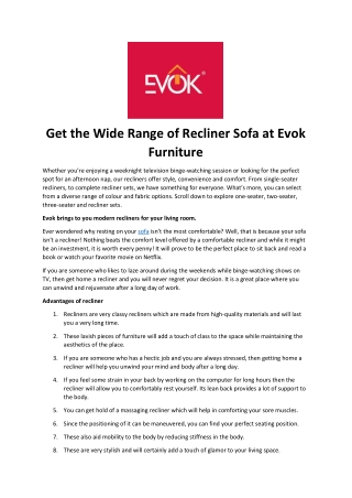 Get the Wide Range of Recliner Sofa at Evok Furniture