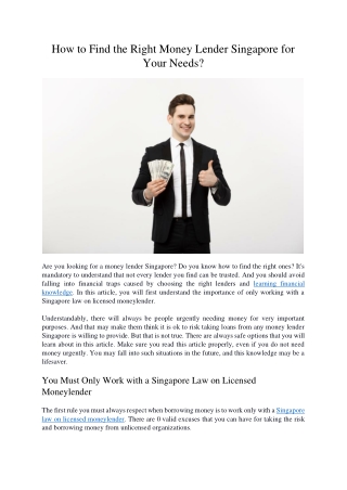 How to Find the Right Money Lender Singapore for Your Needs