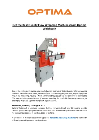 Get the Best Quality Flow Wrapping Machines from Optima Weightech