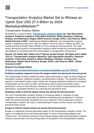 Transportation Analytics Market Grow drastically at USD 27.4 Billion By 2024