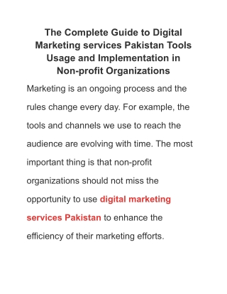 The Complete Guide to Digital Marketing services Pakistan Tools Usage and Implementation in Non-profit Organizations