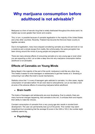 Why marijuana consumption before adulthood is not advisable?