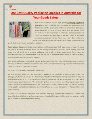 Use Best Quality Packaging Supplies in Australia for Your Goods Safety