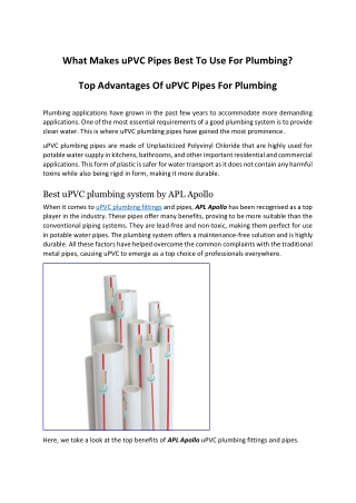 What makes UPVC Pipes Best to Use for Plumbing