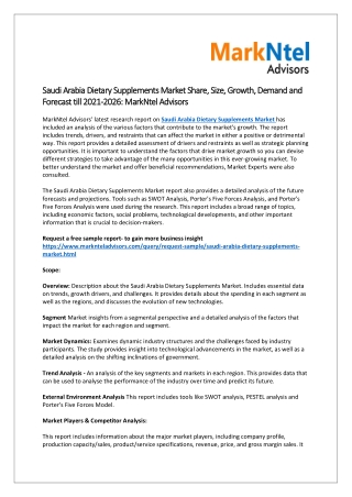Saudi Arabia Dietary Supplements Market Demand, Share and Forecast